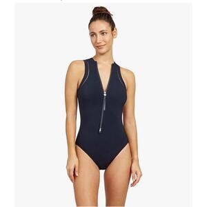 Gottex Black Zip Front One Piece Swimsuit Size 10 UPF 50 NWT